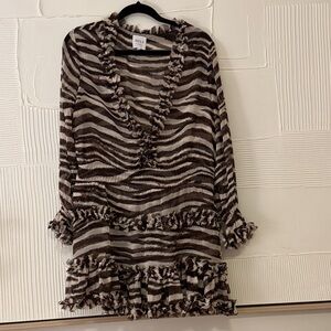 MISA Chiffon Zebra Stripe Long Sleeve Deep V-Neck Rufle Trim Tiered Mini Dress
